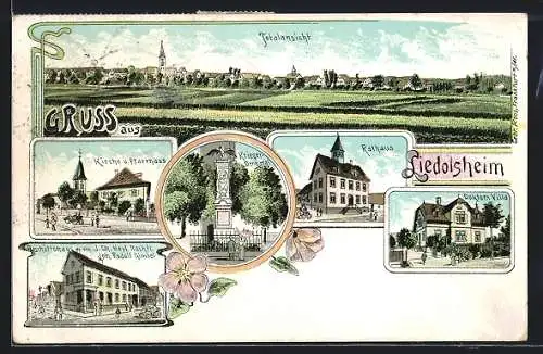 Lithographie Liedolsheim, Geschäftshaus J. Ch. Heyl Nachfl., Doktors Villa, Kriegerdenkmal