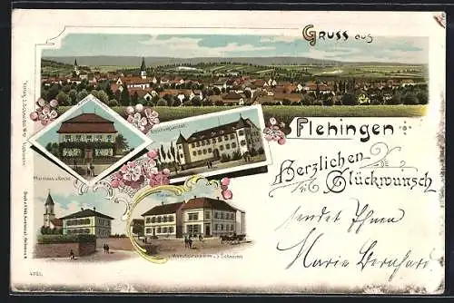 Lithographie Flehingen, Colonial u. Manufakturwaren Schneider, Erziehungsanstalt, Pfarrhaus u. Kirche