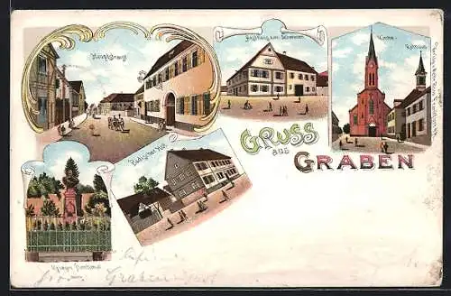 Lithographie Graben / Baden, Gasthaus zum Schwanen, Gasthaus Badischer Hof, Hauptstrasse, Kirche und Rathaus