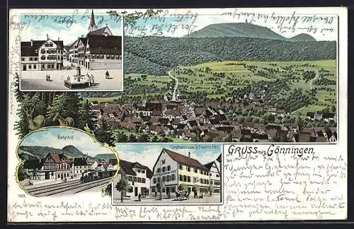 Lithographie Gönningen, Ortsansicht mit Marktplatz, Bahnhof und Gasthaus zum Schwane-Post