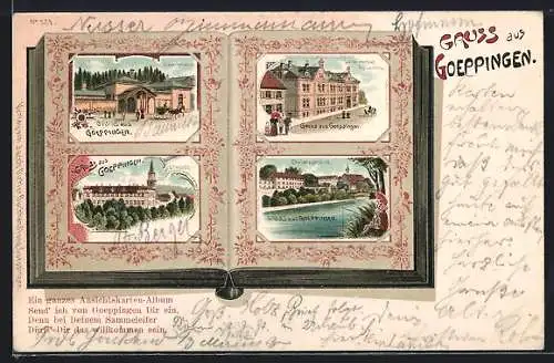 Passepartout-Lithographie Göppingen, Sauerbrunnen, Schwimmbad, Schloss in einem Ansichtskartenalbum