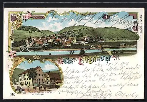 Lithographie Epfendorf, Totalansicht, Gasthaus & Brauerei Zur Krone