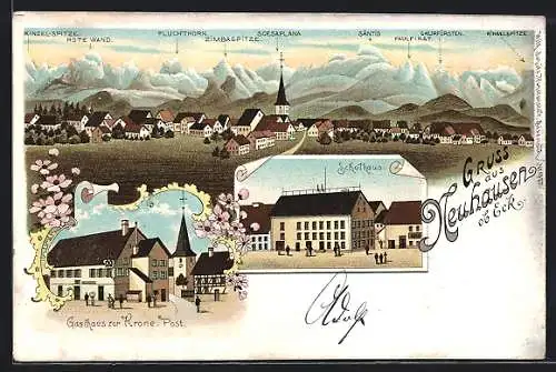 Lithographie Neuhausen ob Eck, Gasthaus zur Krone, Post, Schulhaus, Ortsansicht