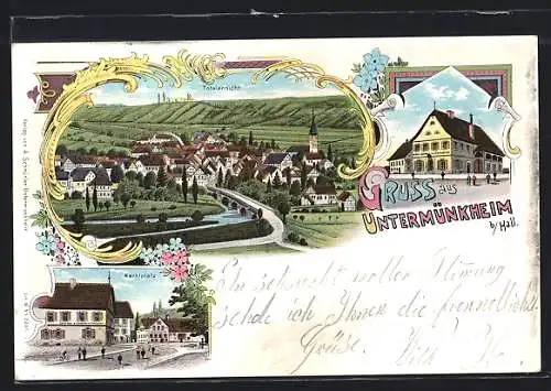 Lithographie Untermünkheim b. Hall, Konditorei u. Handlung von A. Schnörlen, Marktplatz, Totalansicht