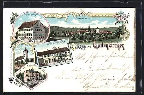 Lithographie Gailenkirchen, Wirtschaft zum Ochsen, Bahnhof, Handlung v. M. Schulz, Kirche