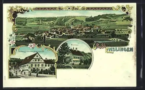 Lithographie Enslingen, Gasthaus zur Krone von Friedrich Leiser, Pfarrhaus