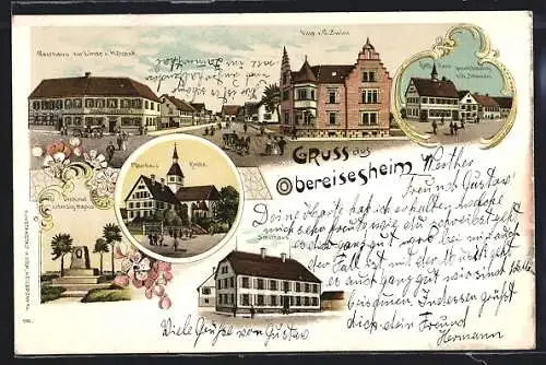 Lithographie Obereisesheim, Gasthaus zur Linde v. K. Schick, Villa v. G. Zwirn, Spezereihandlung v. Ch. Schneider