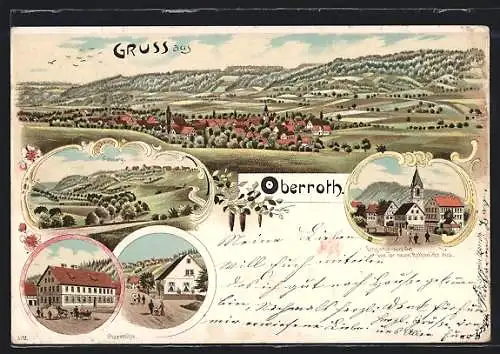 Lithographie Oberroth / Württ., Obermühle, Kornberg, Eingang zum Ort