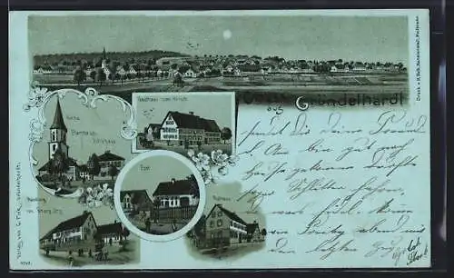 Mondschein-Lithographie Gründelhardt, Gasthaus zum Hirsch, Handlung v. Georg Utz, Post, Rathaus