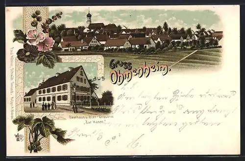 Lithographie Ohmenheim, Gasthaus u. Bier-Brauerei Zur Kanne, Ortsansicht