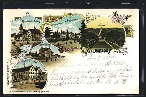 Lithographie Weilimdorf, Schlösschen auf dem Bergheimerhof, Gasthof zum Adler