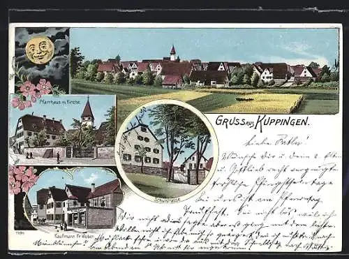Lithographie Kuppingen, Kaufmann Fr. Weber, Pfarrhaus mit Kirche, Schulstrasse