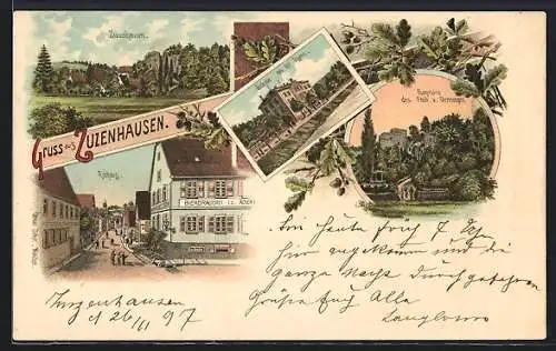 Lithographie Zuzenhausen, Strassenpartie mit Bierbrauerei z. Adler, Burgruine, Schule