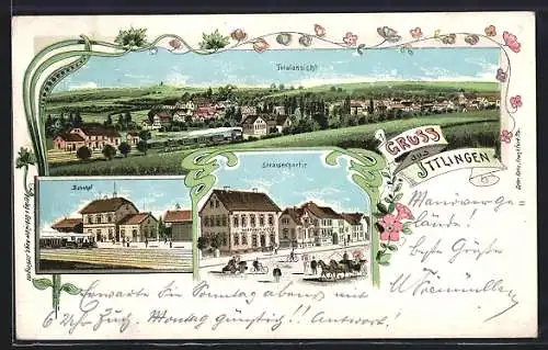 Lithographie Ittlingen, Bahnhof, Geschäft Gebr. Hege, Totalansicht