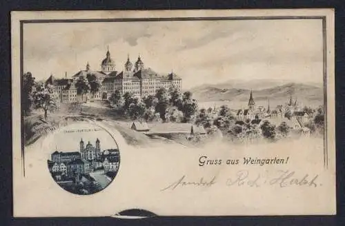 Mechanische-AK Weingarten / Württ., Panorama mit Kloster, Wählscheibe mit verschiedenen Ansichten
