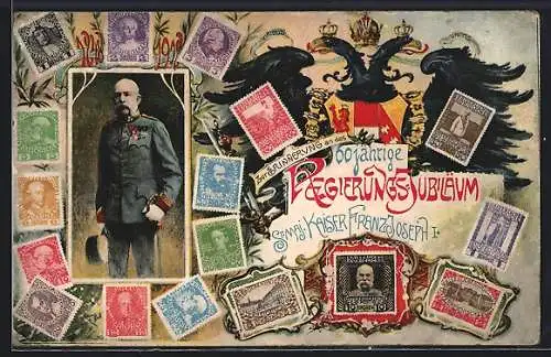 AK Kaiser Franz Josef I. von Österreich, Briefmarken der Regierungsmitglieder