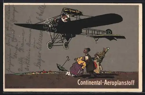 Künstler-AK Continental-Aeroplanstoffe, Paar im Flugzeug im Tiefflug
