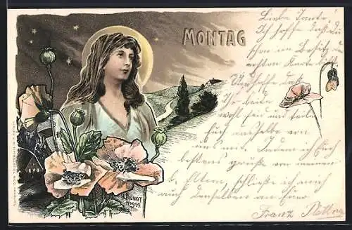 Künstler-AK sign. H. Fründt: Montag, Schöne Frau und Klatschmohn, Jugendstil