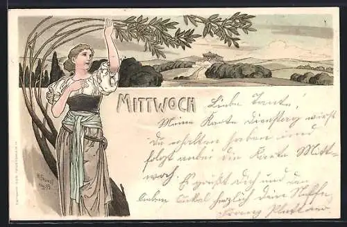 Künstler-AK H. Fründt: Mittwoch, Frauenfigur unter Palmenzweig, Säulengebäude, Jugendstil