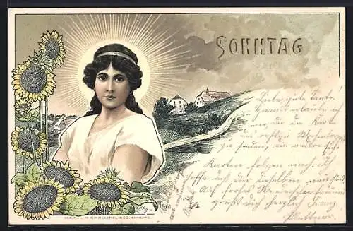 Künstler-AK H. Fründt: Sonntag, Junge mit Sonnenblumen im Sonnenschein, Jugendstil