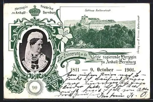 Lithographie Bernburg, Erinnerung an die letzte regierende Herzogin von Anhalt, Schloss Ballenstedt