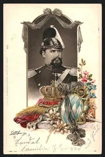 AK König Ludwig II. von Bayern in Uniform mit Helm, Wappen