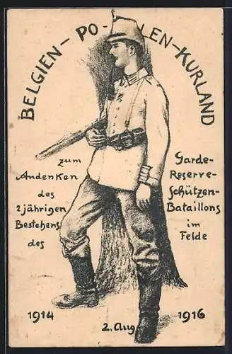 AK Belgien - Polen - Kurland, 2. jähr. Bestehen des Garde-Res.-Schützen-Bataillons im Felde 1914-1916, 1. Weltkrieg