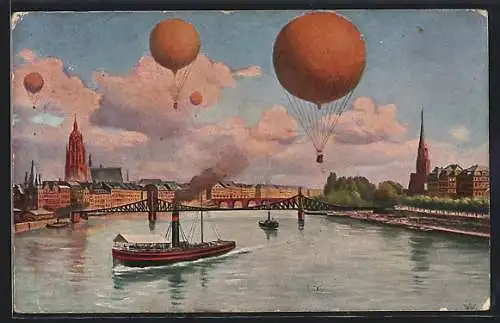 Künstler-AK Frankfurt a. M., Internationale Luftschiffahrts-Ausstellung, Panorama mit Ballons