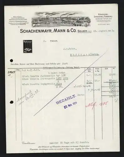 Rechnung Salach bei Süssen 1929, Schachenmayr, Mann & Co., Woll-Fabrikation, Gesamtansicht der Betriebsanlage