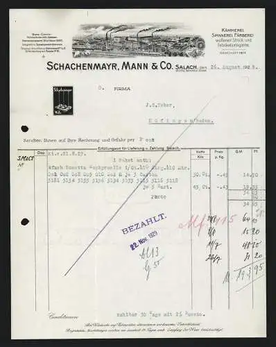 Rechnung Salach bei Süssen 1929, Schachenmayr, Mann & Co., Woll-Fabrikation, Gesamtansicht der Fabrikanlage