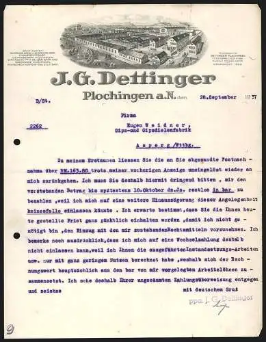 Rechnung Plochingen a. N. 1937, J. G. Dettinger, Mühlsteinfabrik, Die Betriebsanlage aus der Vogelschau