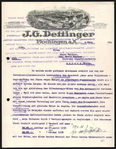 Rechnung Plochingen a. N. 1938, J. G. Dettinger, Mühlsteinfabrik, Die Betriebsanlage aus der Vogelschau