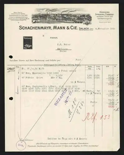 Rechnung Salach bei Süssen 1930, Schachenmayr, Mann & Co., Woll-Fabrikation, Gesamtansicht des Betriebsgeländes