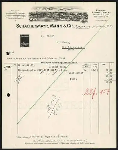 Rechnung Salach bei Süssen 1930, Schachenmayr, Mann & Co., Woll-Fabrikation, Gesamtansicht des Werkgeländes