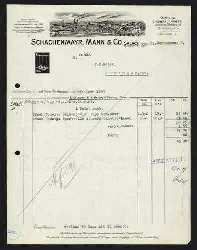 Rechnung Salach bei Süssen 1928, Schachenmayr, Mann & Co., Woll-Fabrikation, Gesamtansicht der Fabrikanlage