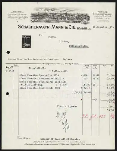Rechnung Salach bei Süssen 1929, Schachenmayr, Mann & Co., Woll-Fabrikation, Gesamtansicht des Fabrikgeländes