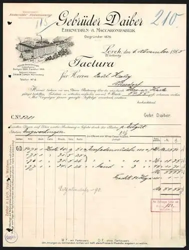 Rechnung Lorch 1905, Gebrüder Daiber, Eiernudeln- & Maccaronifabrik, Gesamtansicht der Fabrik aus der Vogelschau