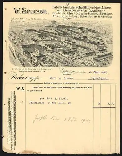 Rechnung Göppingen 1910, W. Speiser, Fabrik landwirtschaftlicher Maschinen, Gesamtansicht der Fabrik mit Gleisanlage