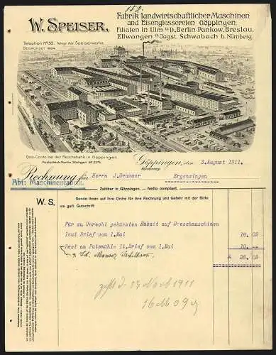 Rechnung Göppingen 1911, W. Speiser, Fabrik landwirtschaftlicher Maschinen, Gesamtansicht des Betriebs mit Gleisanlage