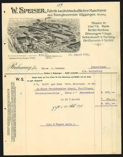 Rechnung Göppingen 1911, W. Speiser, Fabrik landwirtschaftlicher Maschinen, Gesamtansicht des Werks mit Gleisanlage