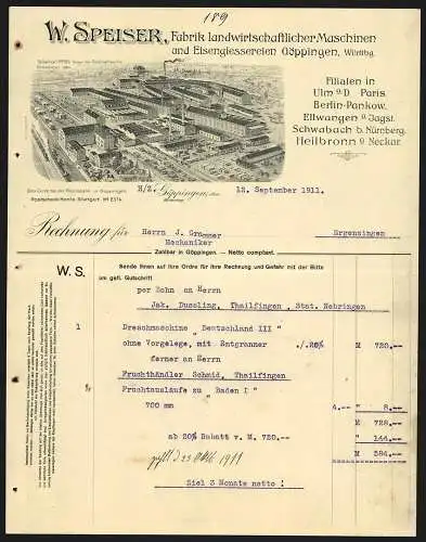 Rechnung Göppingen 1911, W. Speiser, Fabrik landwirtschaftlicher Maschinen, Gesamtansicht der Fabrik aus der Vogelschau