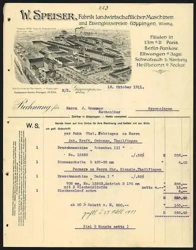 Rechnung Göppingen 1911, W. Speiser, Fabrik landwirtschaftlicher Maschinen, Gesamtansicht vom Betrieb aus der Vogelschau