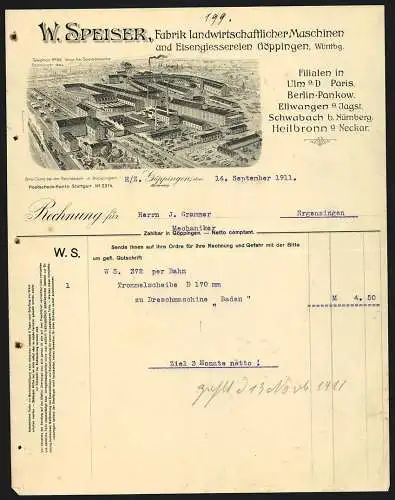 Rechnung Göppingen 1911, W. Speiser, Fabrik landwirtschaftlicher Maschinen, Gesamtansicht vom Werk aus der Vogelschau