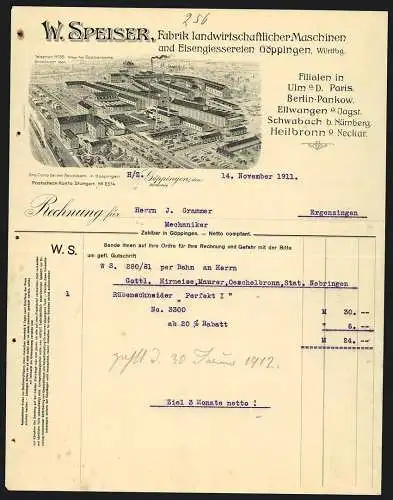 Rechnung Göppingen 1911, W. Speiser, Fabrik landwirtschaftlicher Maschinen, Ansicht der Fabrik aus der Vogelschau
