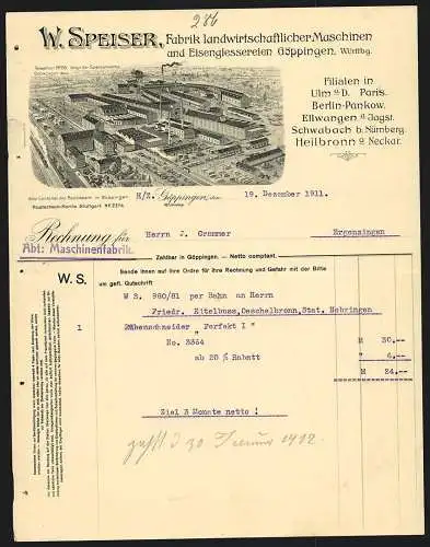 Rechnung Göppingen 1911, W. Speiser, Fabrik landwirtschaftlicher Maschinen, Ansicht vom Betrieb aus der Vogelschau