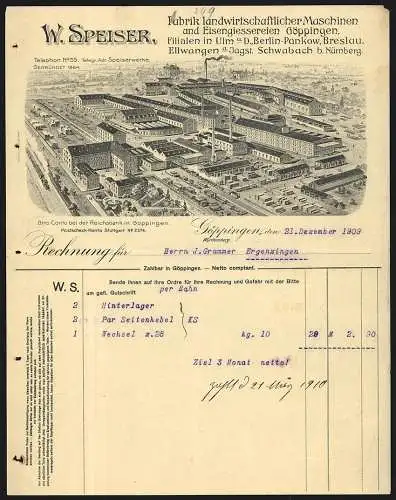 Rechnung Göppingen 1909, W. Speiser, Fabrik landwirtschaftlicher Maschinen, Gesamtansicht der Fabrik aus der Vogelschau