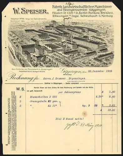 Rechnung Göppingen 1909, W. Speiser, Fabrik landwirtschaftlicher Maschinen, Gesamtansicht der Fabrik mit Gleisanlagen