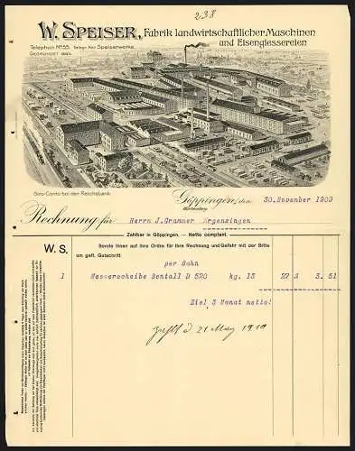 Rechnung Göppingen 1909, W. Speiser, Fabrik landwirtschaftlicher Maschinen, Gesamtansicht des Betriebs mit Gleisanlage