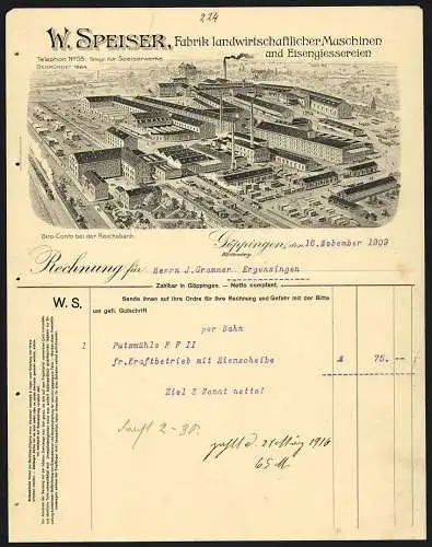 Rechnung Göppingen 1909, W. Speiser, Fabrik landwirtschaftlicher Maschinen, Gesamtansicht des Werks mit Gleisanlage