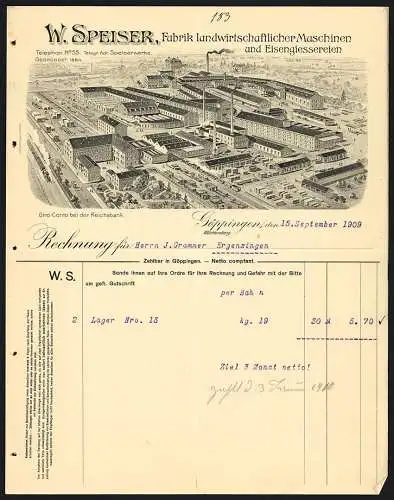 Rechnung Göppingen 1909, W. Speiser, Fabrik landwirtschaftlicher Maschinen, Ansicht des Betriebs aus der Vogelschau